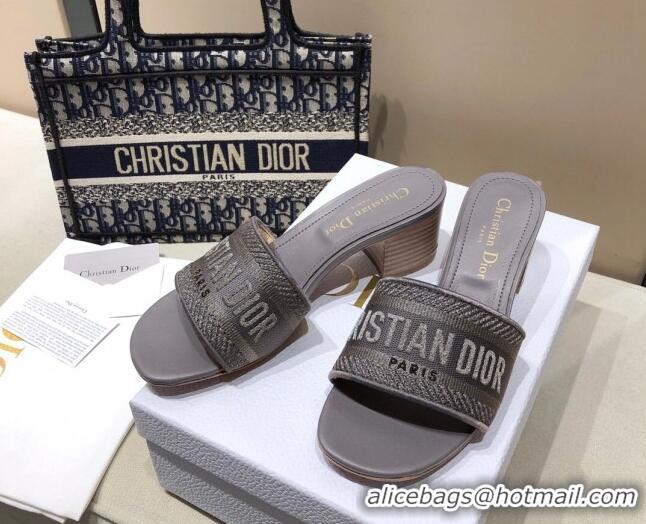 Best Grade Dior Dway Heeled Slide Sandals 4cm in Grey Cotton Embroidered 0321024