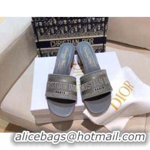 Best Product Dior Dway Heeled Slide Sandals 4cm in Grey Cotton Embroidered 0321025