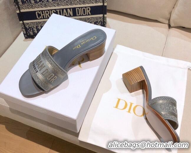 Best Product Dior Dway Heeled Slide Sandals 4cm in Grey Cotton Embroidered 0321025