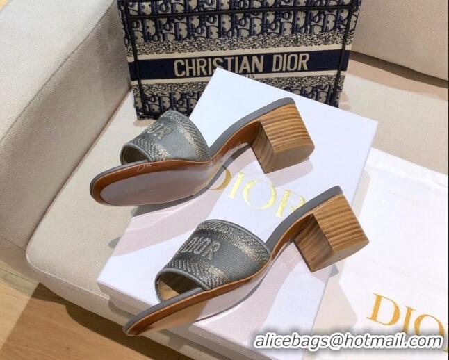 Best Product Dior Dway Heeled Slide Sandals 4cm in Grey Cotton Embroidered 0321025