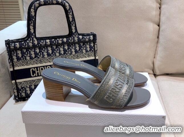 Best Product Dior Dway Heeled Slide Sandals 4cm in Grey Cotton Embroidered 0321025