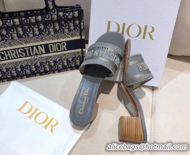 Best Product Dior Dway Heeled Slide Sandals 4cm in Grey Cotton Embroidered 0321025