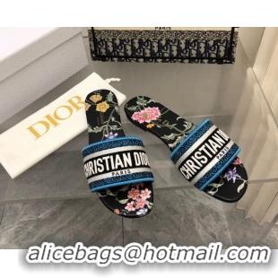 Shop Duplicate Dior Dway Flat Slide Sandals in Black Multicolor Embroidered Cotton with Dior Petites Fleurs Motif 2023 3