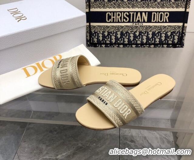 Stylish Dior Dway Flat Slide Sandals in Beige Embroidered Cotton 321026