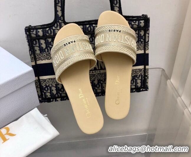 Stylish Dior Dway Flat Slide Sandals in Beige Embroidered Cotton 321026