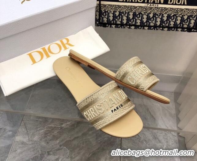 Stylish Dior Dway Flat Slide Sandals in Beige Embroidered Cotton 321026