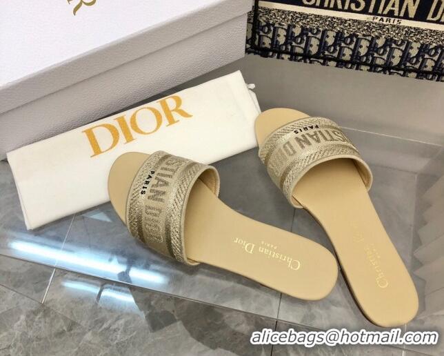 Stylish Dior Dway Flat Slide Sandals in Beige Embroidered Cotton 321026