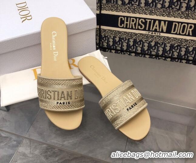 Stylish Dior Dway Flat Slide Sandals in Beige Embroidered Cotton 321026