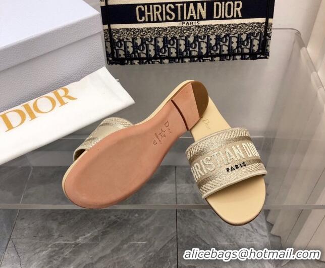 Stylish Dior Dway Flat Slide Sandals in Beige Embroidered Cotton 321026