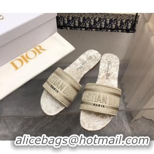 Stylish Dior Dway Flat Slide Sandals in Gold Cotton Embroidered 0321029