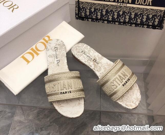 Stylish Dior Dway Flat Slide Sandals in Gold Cotton Embroidered 0321029