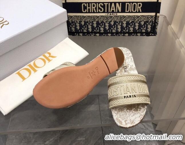 Stylish Dior Dway Flat Slide Sandals in Gold Cotton Embroidered 0321029