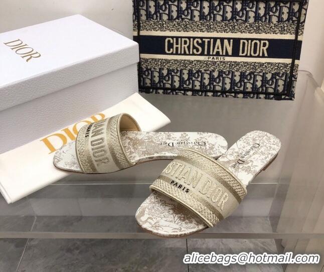 Stylish Dior Dway Flat Slide Sandals in Gold Cotton Embroidered 0321029