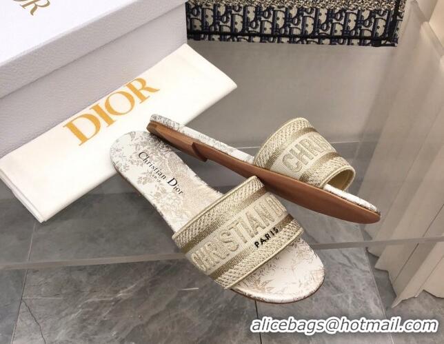 Stylish Dior Dway Flat Slide Sandals in Gold Cotton Embroidered 0321029