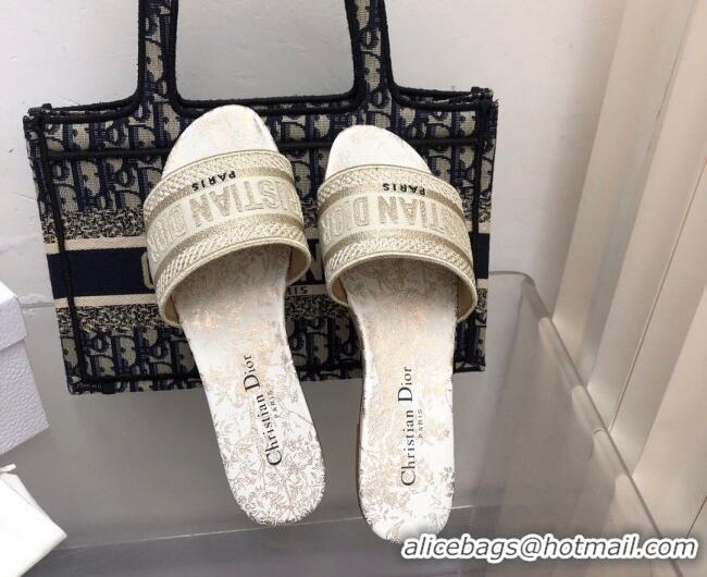 Stylish Dior Dway Flat Slide Sandals in Gold Cotton Embroidered 0321029