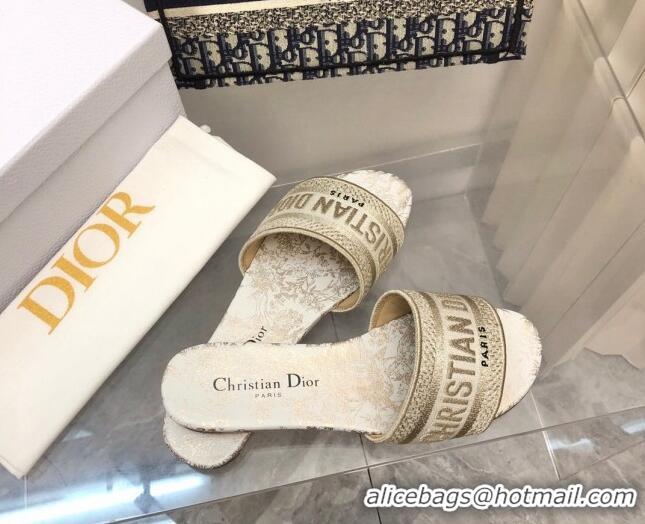 Stylish Dior Dway Flat Slide Sandals in Gold Cotton Embroidered 0321029