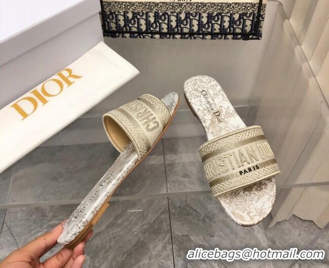 Stylish Dior Dway Flat Slide Sandals in Gold Cotton Embroidered 0321029