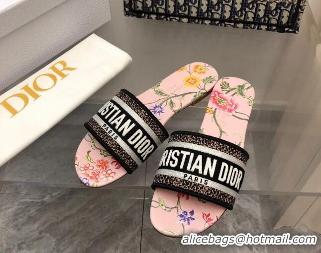 Duplicate Dior Dway Flat Slide Sandals in Powder Pink Multicolor Embroidered Cotton with Petites Fleurs Motif 0321030