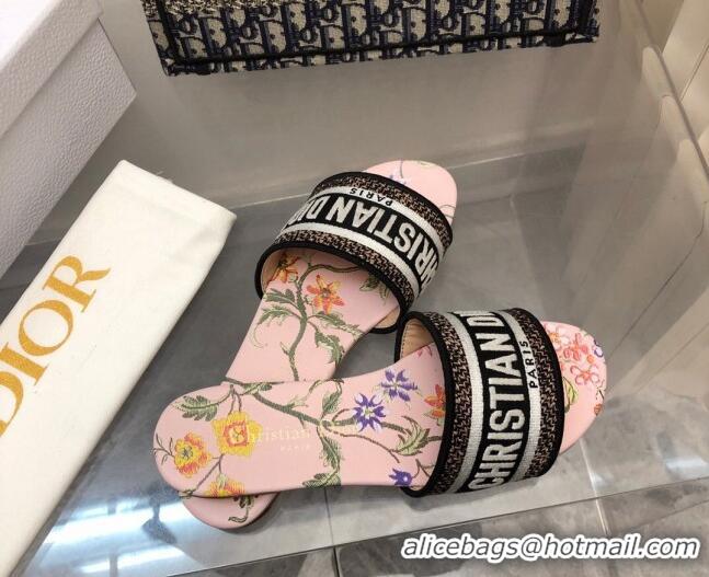 Duplicate Dior Dway Flat Slide Sandals in Powder Pink Multicolor Embroidered Cotton with Petites Fleurs Motif 0321030