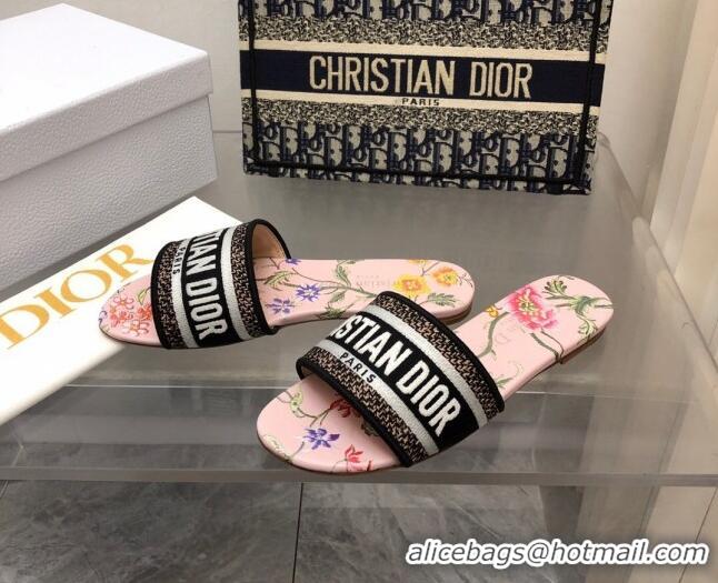 Duplicate Dior Dway Flat Slide Sandals in Powder Pink Multicolor Embroidered Cotton with Petites Fleurs Motif 0321030