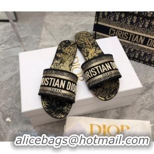 Duplicate Dior Dway Flat Slide Sandals in Black and Gold Cotton Embroidered with Jardin d'Hiver Motif 0321031