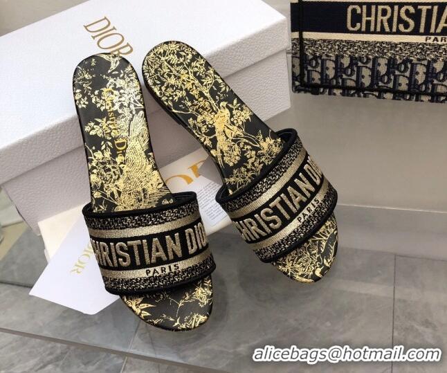 Duplicate Dior Dway Flat Slide Sandals in Black and Gold Cotton Embroidered with Jardin d'Hiver Motif 0321031