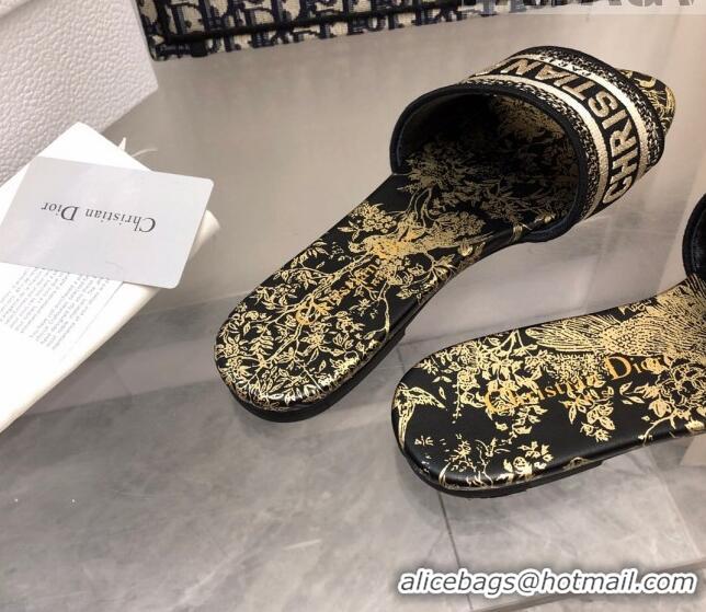 Duplicate Dior Dway Flat Slide Sandals in Black and Gold Cotton Embroidered with Jardin d'Hiver Motif 0321031