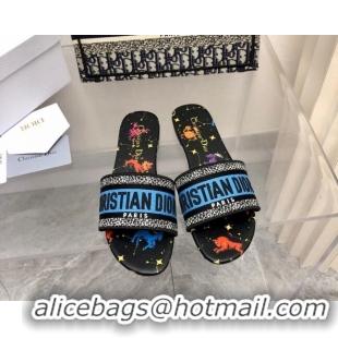 Classic Hot Dior Dway Flat Slide Sandals in Blue/Black Cotton Embroidered with Pixel Zodiac Motif 0321033