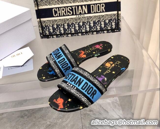 Classic Hot Dior Dway Flat Slide Sandals in Blue/Black Cotton Embroidered with Pixel Zodiac Motif 0321033