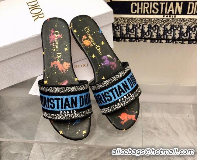 Classic Hot Dior Dway Flat Slide Sandals in Blue/Black Cotton Embroidered with Pixel Zodiac Motif 0321033