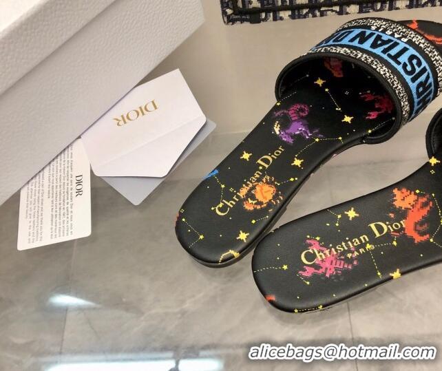 Classic Hot Dior Dway Flat Slide Sandals in Blue/Black Cotton Embroidered with Pixel Zodiac Motif 0321033