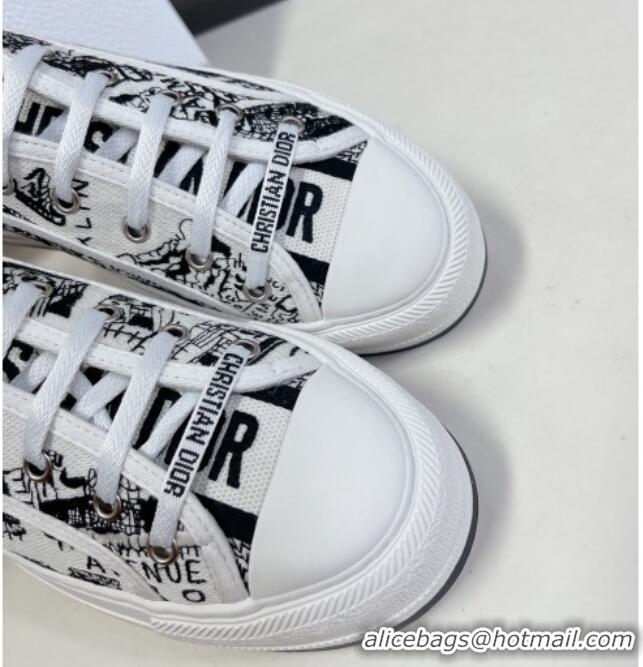 Grade Quality Dior Walk'n'Dior Low-top Platform Sneakers in White and Black Cotton Embroidered with Plan de Paris Motif 