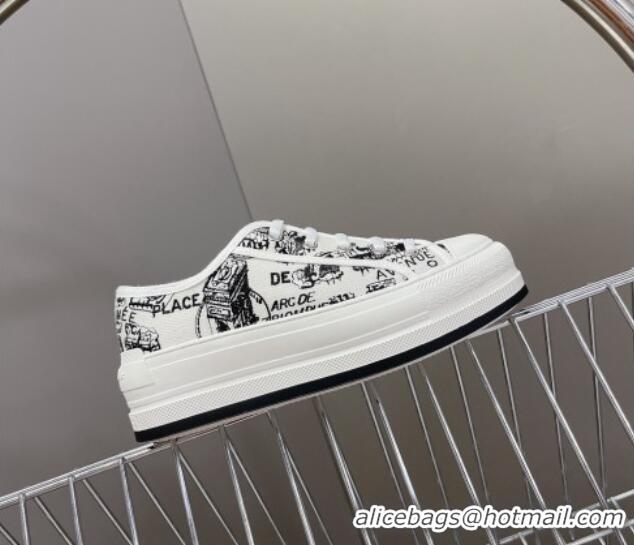 Grade Quality Dior Walk'n'Dior Low-top Platform Sneakers in White and Black Cotton Embroidered with Plan de Paris Motif 