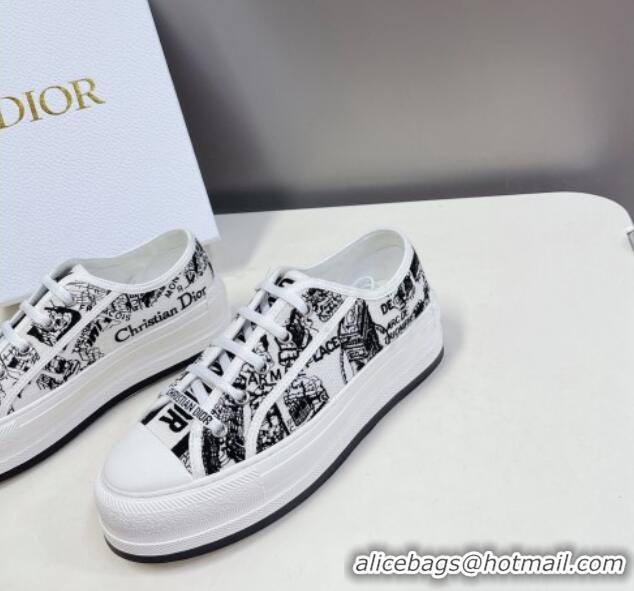 Grade Quality Dior Walk'n'Dior Low-top Platform Sneakers in White and Black Cotton Embroidered with Plan de Paris Motif 