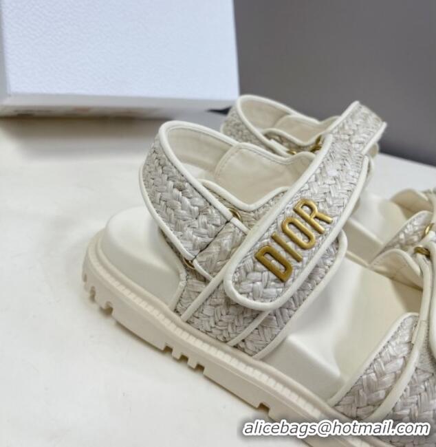 Low Price Dior DiorAct Raffia Flat Strap Sandals White 0321048