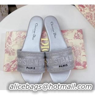 Sumptuous Dior Dway Flat Slide Sandals in Crystal Embroidery Silver 0325061