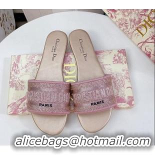 Hot Style Dior Dway Flat Slide Sandals in Crystal Embroidery Pink 0325063