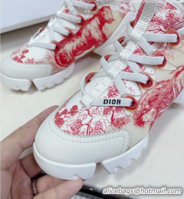 Stylish Dior D-Connect Sneakers in Toile de Jouy Technical Fabric Red 0329016