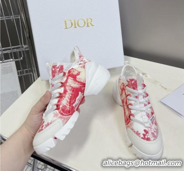 Stylish Dior D-Connect Sneakers in Toile de Jouy Technical Fabric Red 0329016