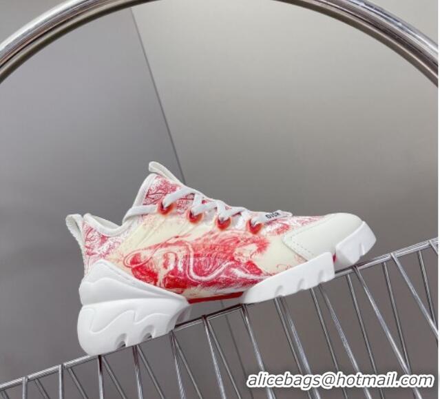 Stylish Dior D-Connect Sneakers in Toile de Jouy Technical Fabric Red 0329016