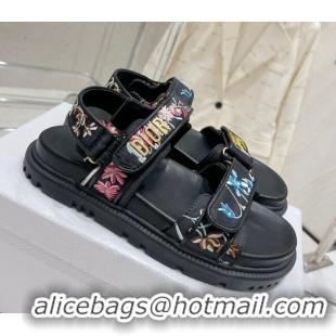 Grade Dior Dioract Flat Sandals in Black Technical Fabric Embroidered with Petites Fleurs Motif 0329022