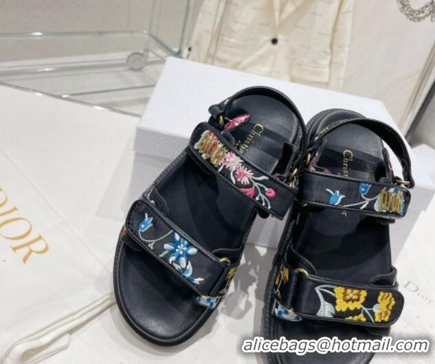 Grade Dior Dioract Flat Sandals in Black Technical Fabric Embroidered with Petites Fleurs Motif 0329022