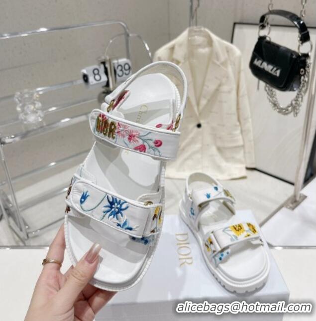 Best Grade Dior Dioract Flat Sandals in White Technical Fabric Embroidered with Petites Fleurs Motif 0329023