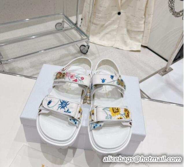 Best Grade Dior Dioract Flat Sandals in White Technical Fabric Embroidered with Petites Fleurs Motif 0329023