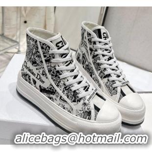 Grade Quality Dior Walk'n'Dior High-top Platform Sneakers in White and Black Cotton Embroidered with Plan de Paris Motif