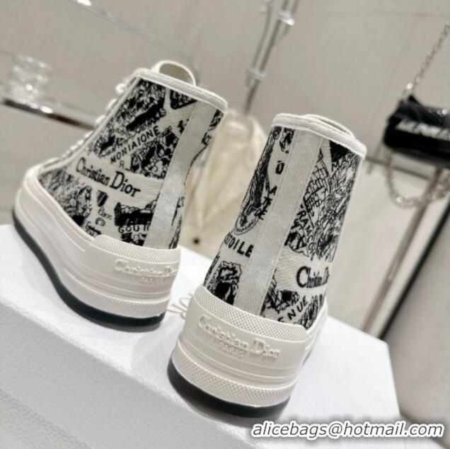 Grade Quality Dior Walk'n'Dior High-top Platform Sneakers in White and Black Cotton Embroidered with Plan de Paris Motif