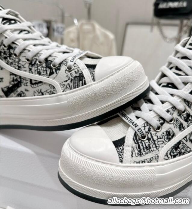 Grade Quality Dior Walk'n'Dior High-top Platform Sneakers in White and Black Cotton Embroidered with Plan de Paris Motif