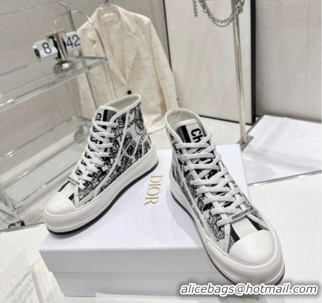 Grade Quality Dior Walk'n'Dior High-top Platform Sneakers in White and Black Cotton Embroidered with Plan de Paris Motif