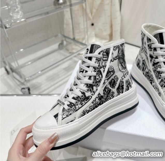 Grade Quality Dior Walk'n'Dior High-top Platform Sneakers in White and Black Cotton Embroidered with Plan de Paris Motif