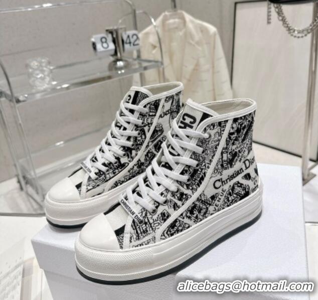 Grade Quality Dior Walk'n'Dior High-top Platform Sneakers in White and Black Cotton Embroidered with Plan de Paris Motif